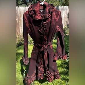 Samuel Dong Metallic Burgundy Ruffle Coat Jacket